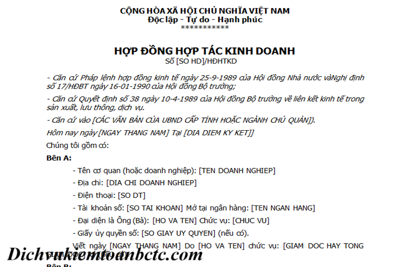 Mẫu hợp đồng hợp tác kinh doanh mới nhất