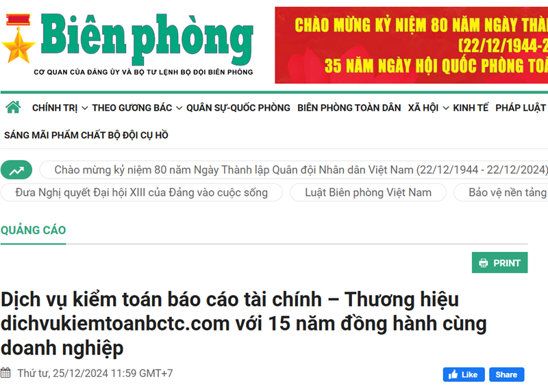 Báo Biên Phòng nói về Thương hiệu dichvukiemtoanbctc.com với 15 năm đồng hành cùng doanh nghiệp về lĩnh vực kế toán, kiểm toán