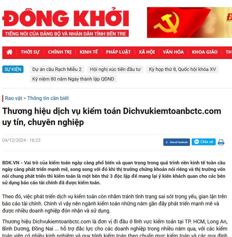 Báo Đồng Khởi: Thương hiệu dịch vụ kiểm toán Dichvukiemtoanbctc.com uy tín, chuyên nghiệp