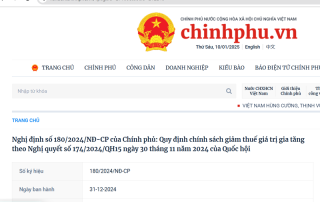 Nghị định số 1802024NĐ-CP của Chính phủ Quy định chính sách giảm thuế giá trị gia tăng theo Nghị quyết số 1742024QH15 ngày 30 tháng 11 năm 2024 của Quốc hội