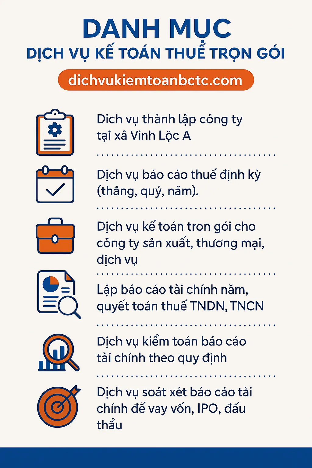 Danh mục dịch vụ kế toán thuế trọn gói của thương hiệu dichvukiemtoanbctc.com bao gồm