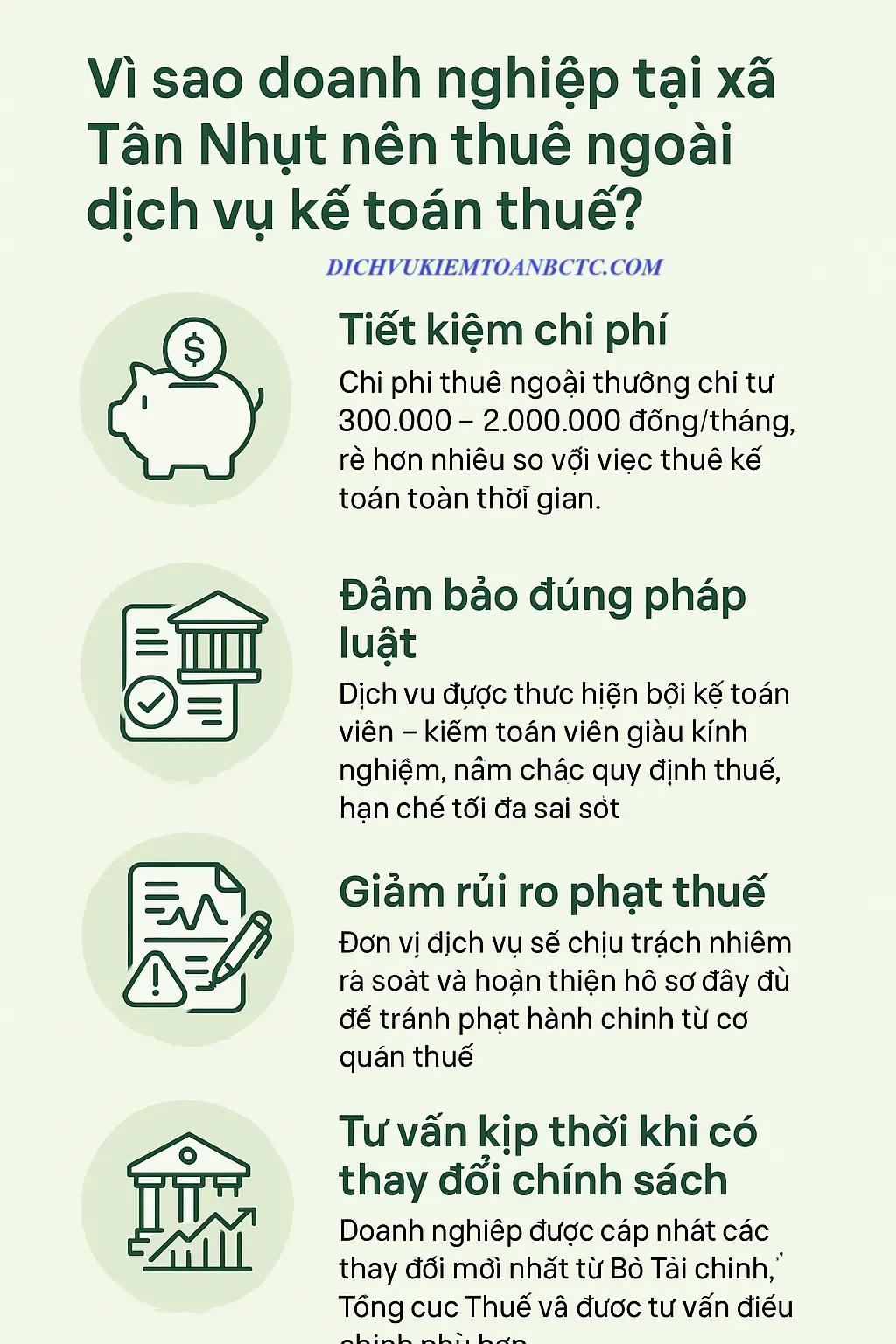 Vì sao doanh nghiệp tại xã Tân Nhựt nên thuê ngoài dịch vụ kế toán thuế của thương hiệu dichvukiemtoanbctc.com